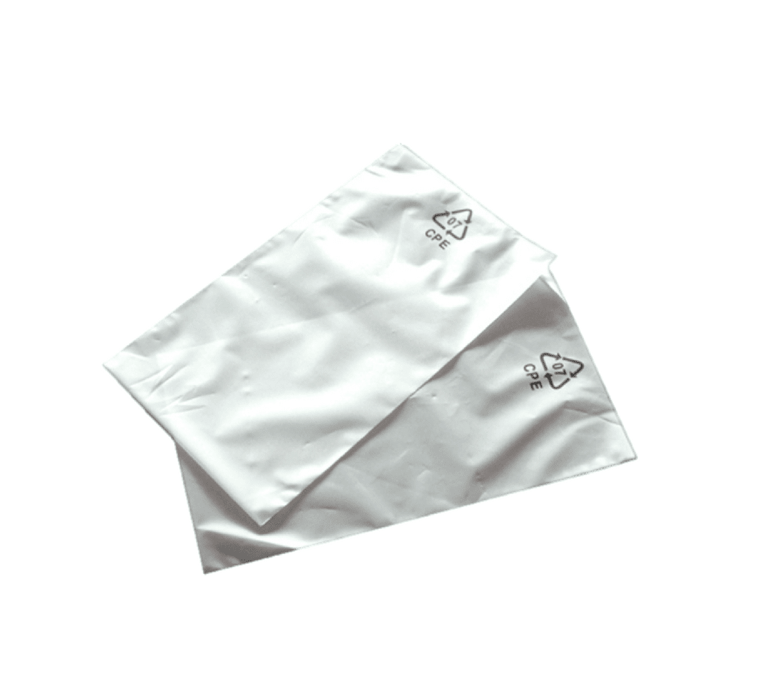 Two overlapping white plastic bags with CPE recycling symbols printed on them.