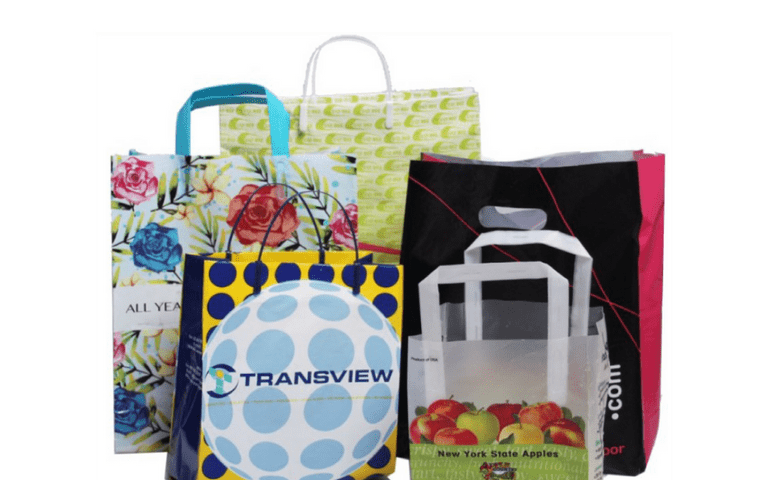 A group of five different shopping bags with various patterns, colors, and handle styles arranged against a white background.
