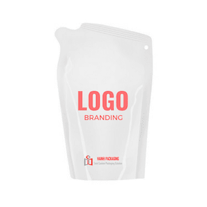 A white flexible plastic pouch with a corner spout and a small hole for hanging, featuring placeholder text.