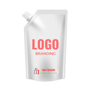 A white stand-up pouch with a plastic spout on the top left corner, featuring placeholder text and a company logo.