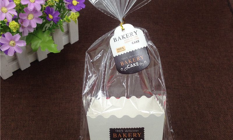 A clear plastic bag containing a white and plaid paper container, tied with a tag, next to a small pot of purple flowers.