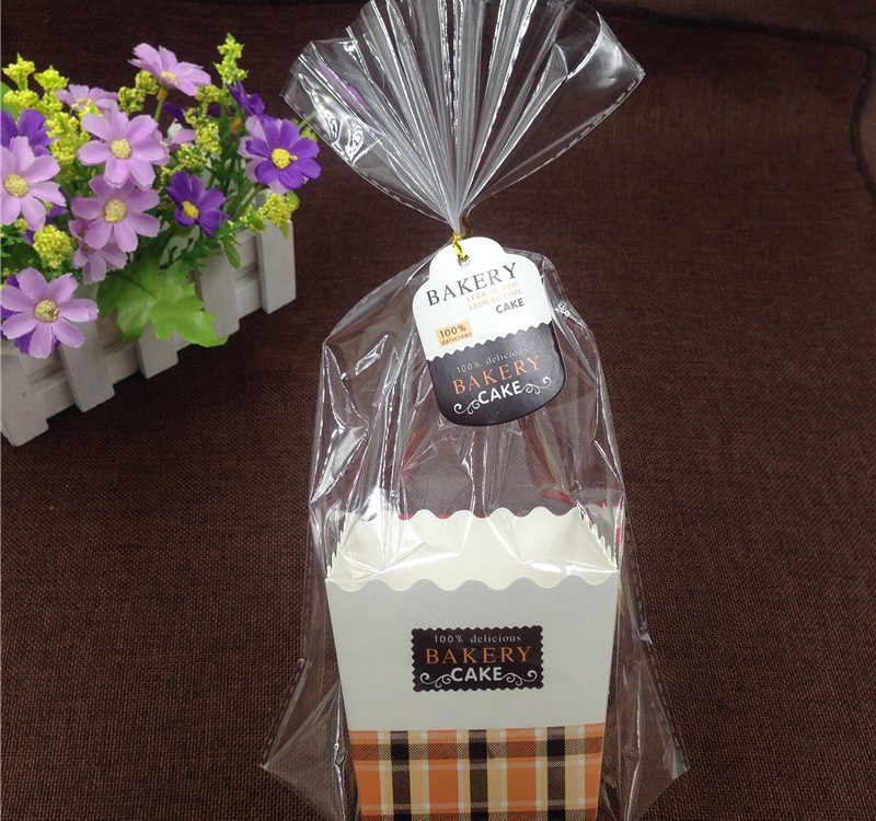 A clear plastic bag containing a white and plaid paper container, tied with a tag, next to a small pot of purple flowers.
