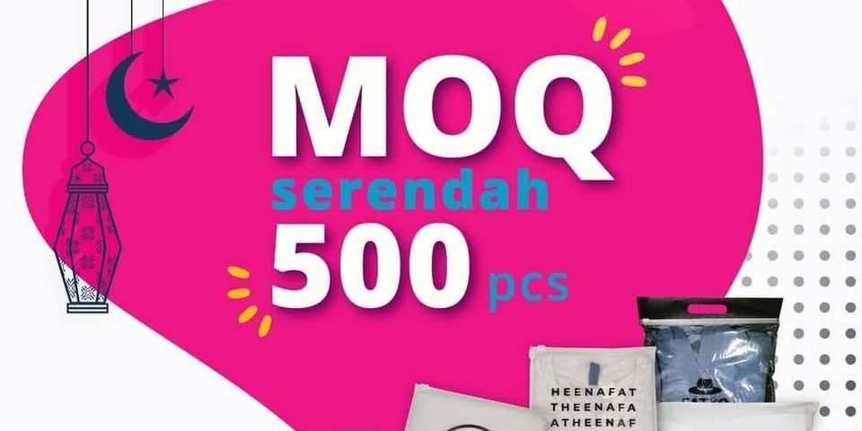A promotional graphic for Aidiladha featuring a minimum order quantity of 500 pieces, displaying various branded plastic packaging bags.
