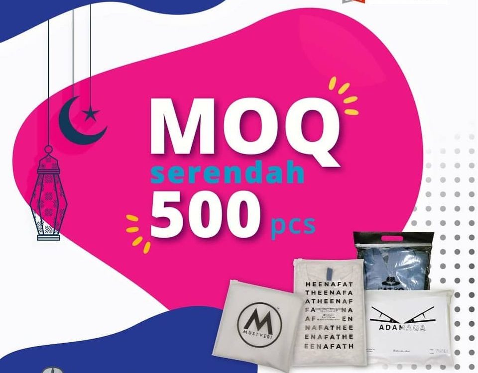 A promotional graphic for Aidiladha featuring a minimum order quantity of 500 pieces, displaying various branded plastic packaging bags.