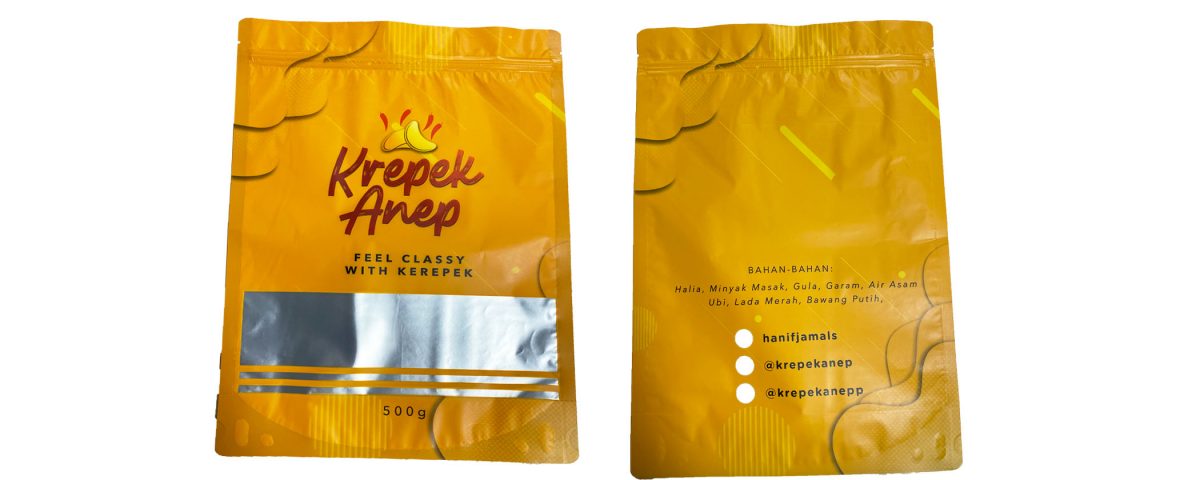Two yellow stand-up pouches with branding and a clear window, shown from the front and back.
