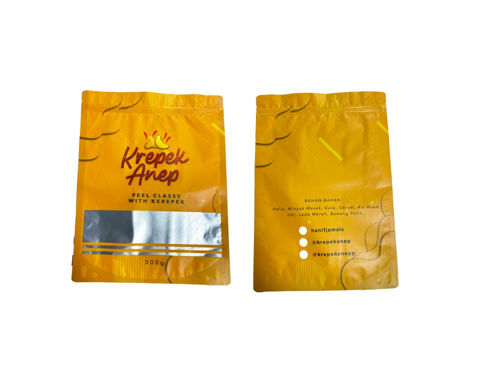 Two yellow stand-up pouches with branding and a clear window, shown from the front and back.