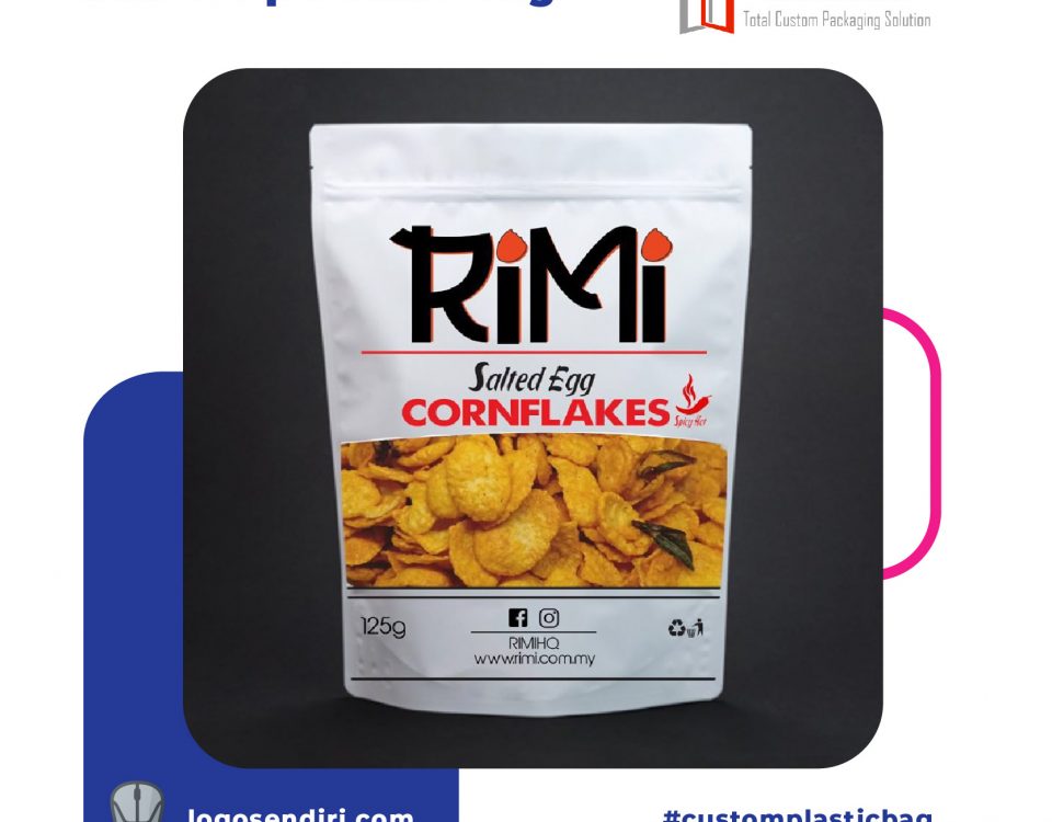A white stand-up pouch bag containing salted egg cornflakes with the brand name Rimi printed on the front.