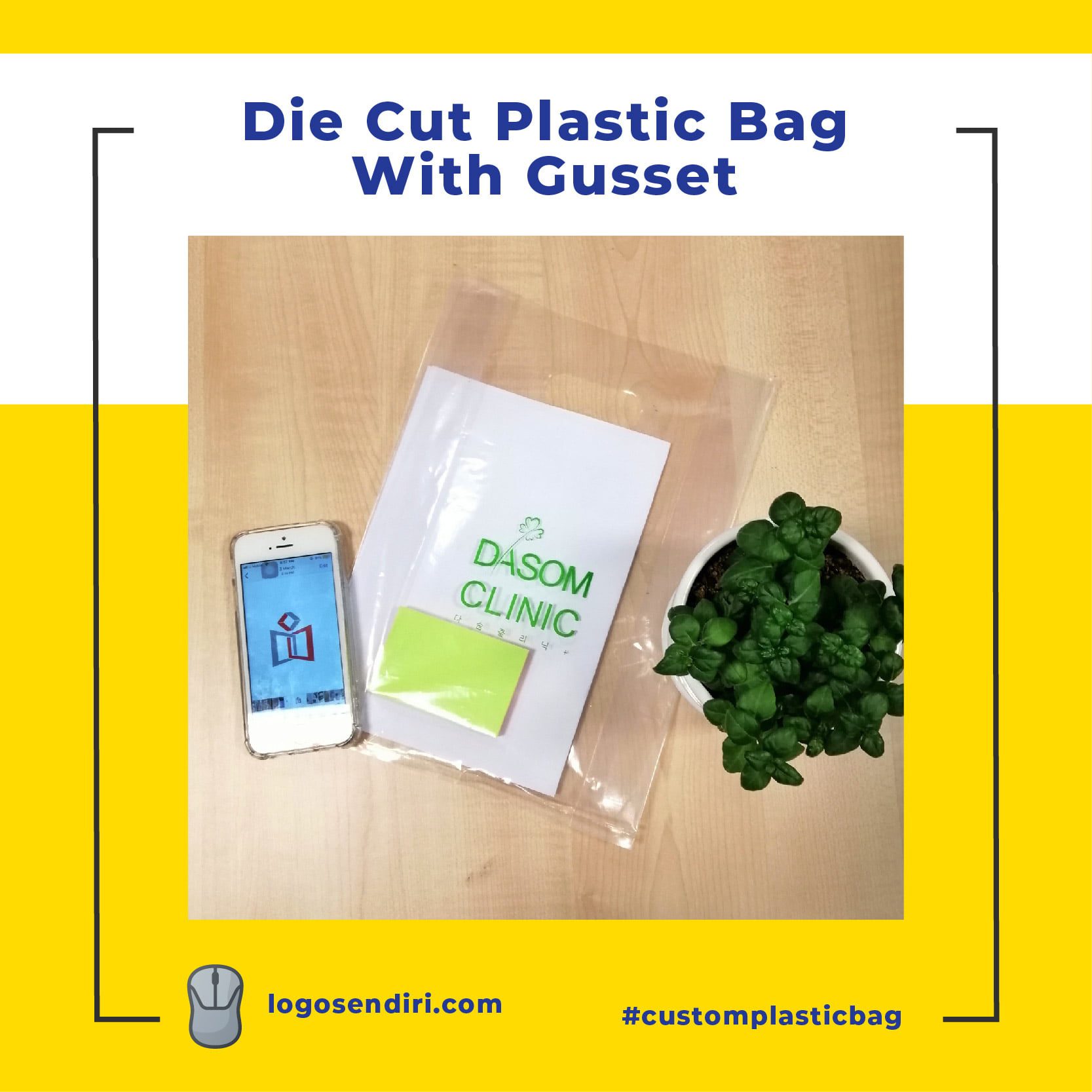 A clear plastic bag with a Dasom Clinic logo, a smartphone, and a small potted plant on a wooden surface.