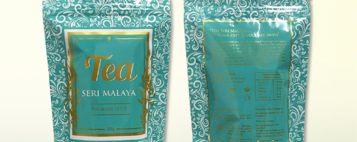 Front and back view of a teal and white patterned stand-up pouch for Seri Malaya tea.