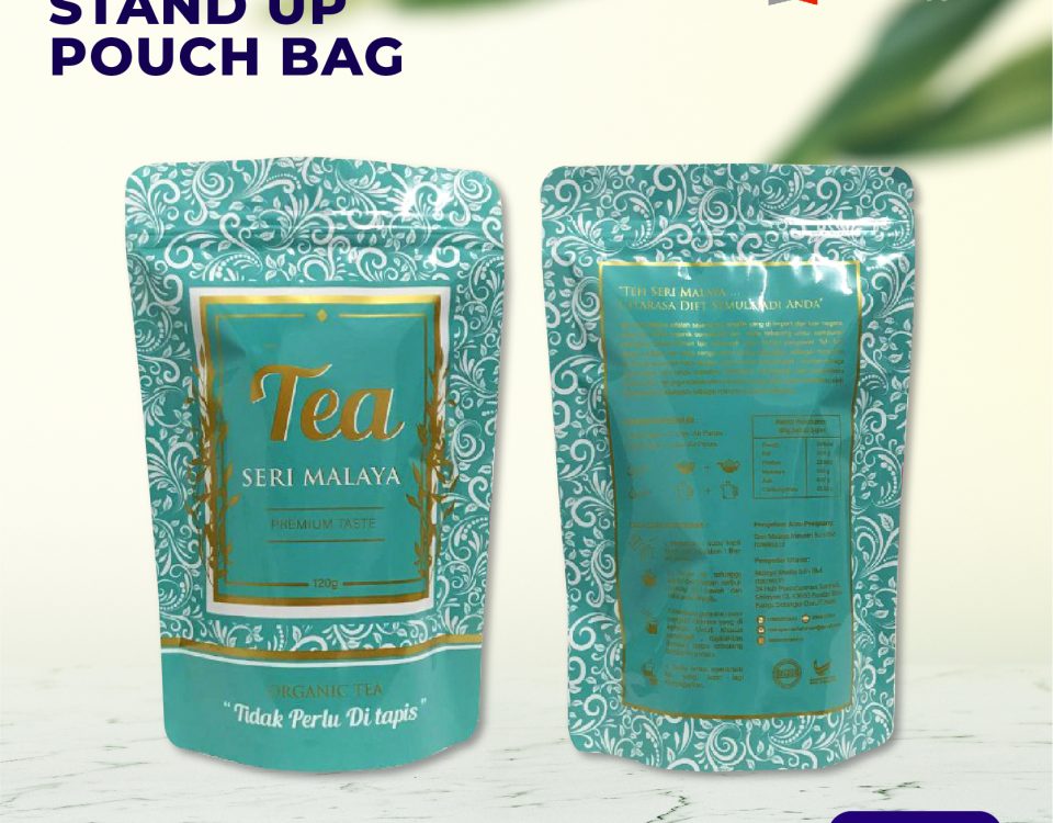 Front and back view of a teal and white patterned stand-up pouch for Seri Malaya tea.
