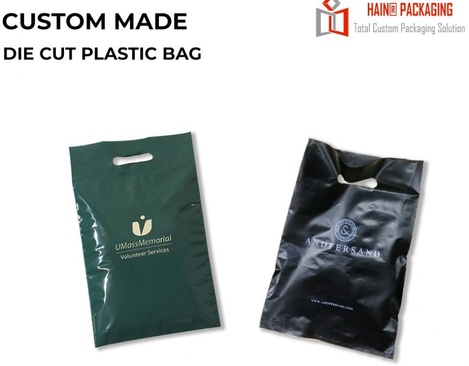 Two plastic shopping bags with die-cut handles, one dark green and one black, displayed against a white background.