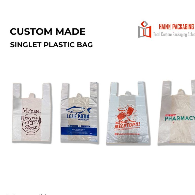 Four different branded singlet-style plastic bags arranged in a row against a white background.