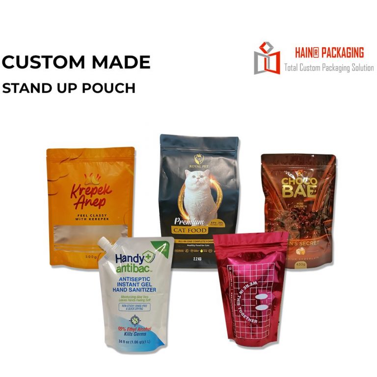 Five different stand-up pouches for various products including food, pet food, and hand sanitizer.