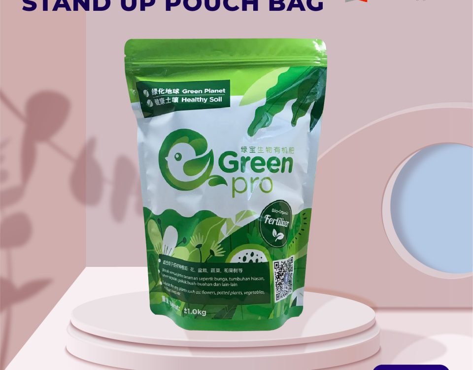 A stand-up pouch of Green Pro fertilizer displayed on a circular platform.