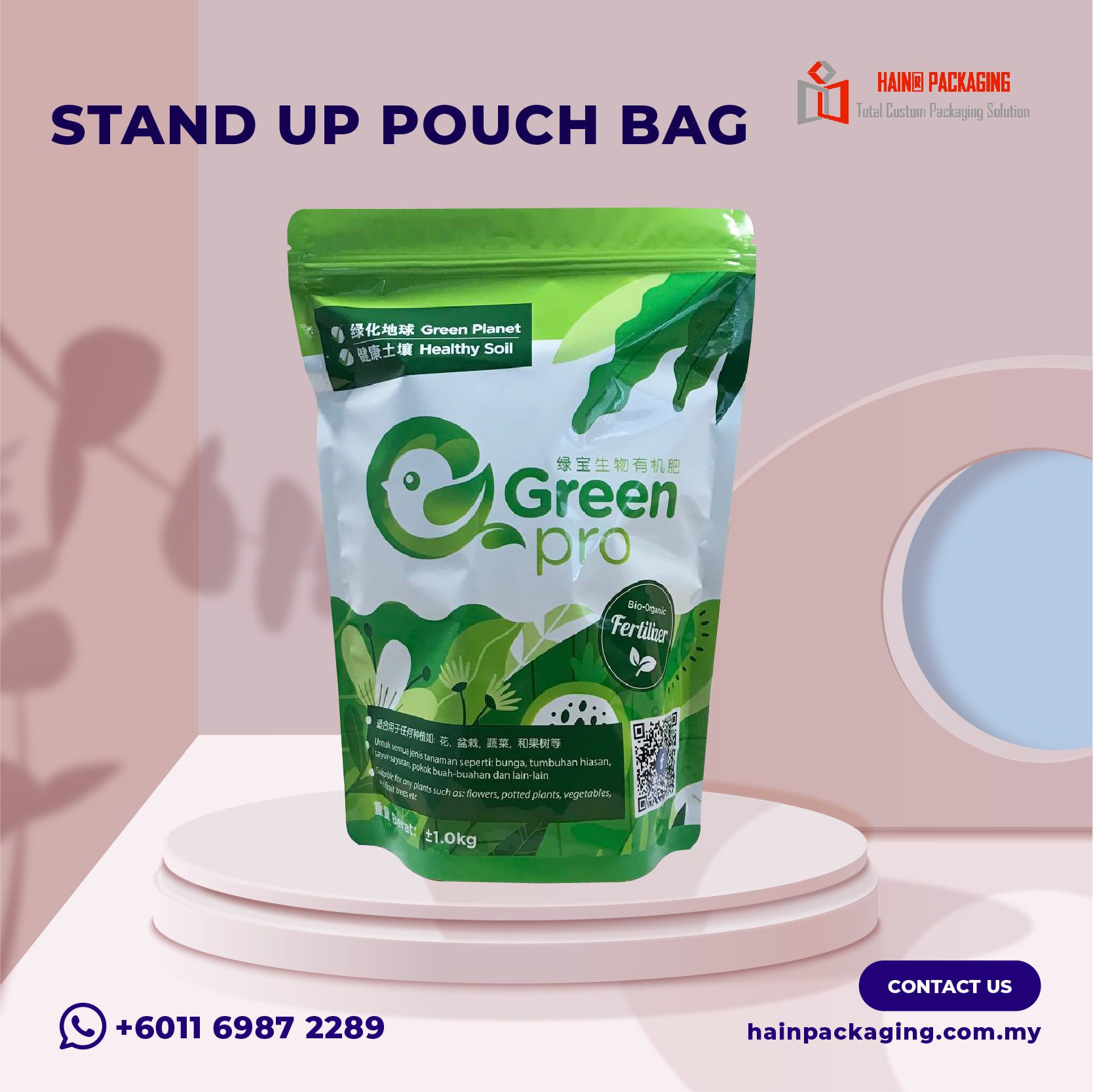 Beg stand up pouch custom untuk penyelesaian pembungkusan moden perniagaan