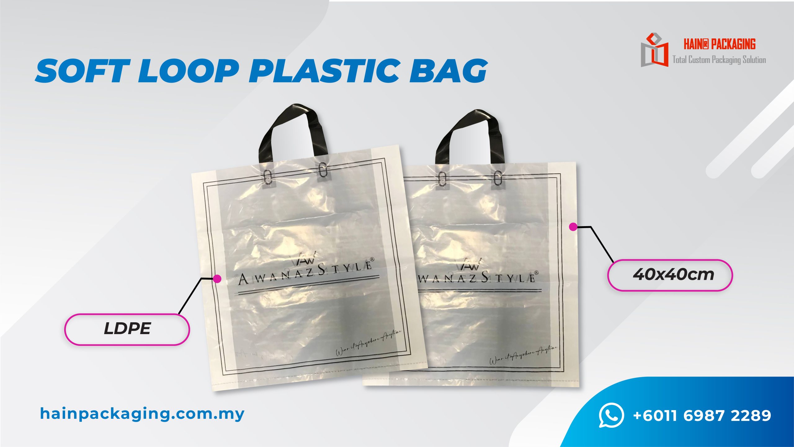 Two translucent plastic bags with black soft loop handles and printed branding, displayed against a light grey background with text overlays.