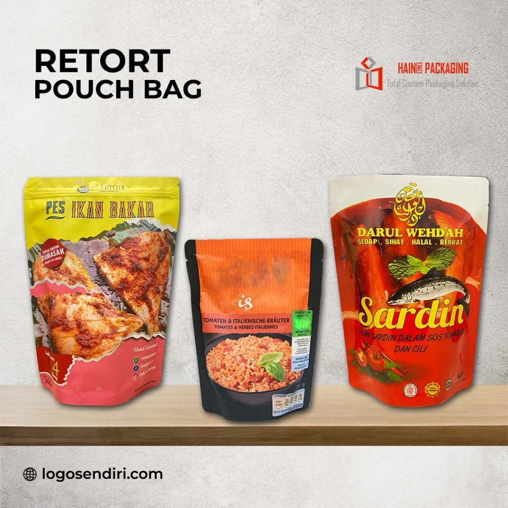 Three different food pouches displayed on a wooden shelf against a grey background.