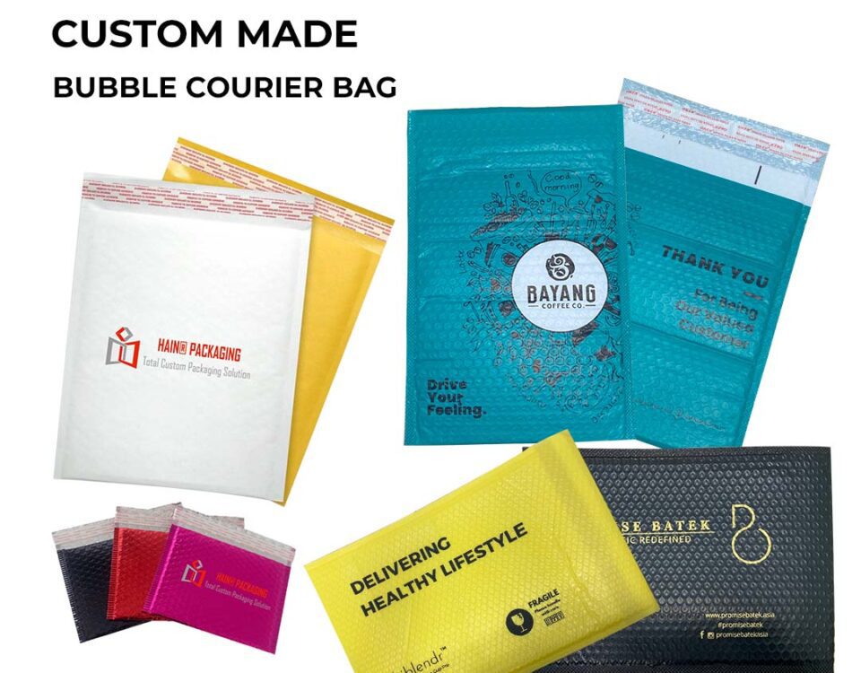 A collection of various bubble courier bags in different colors and designs, including white, yellow, teal, and black.