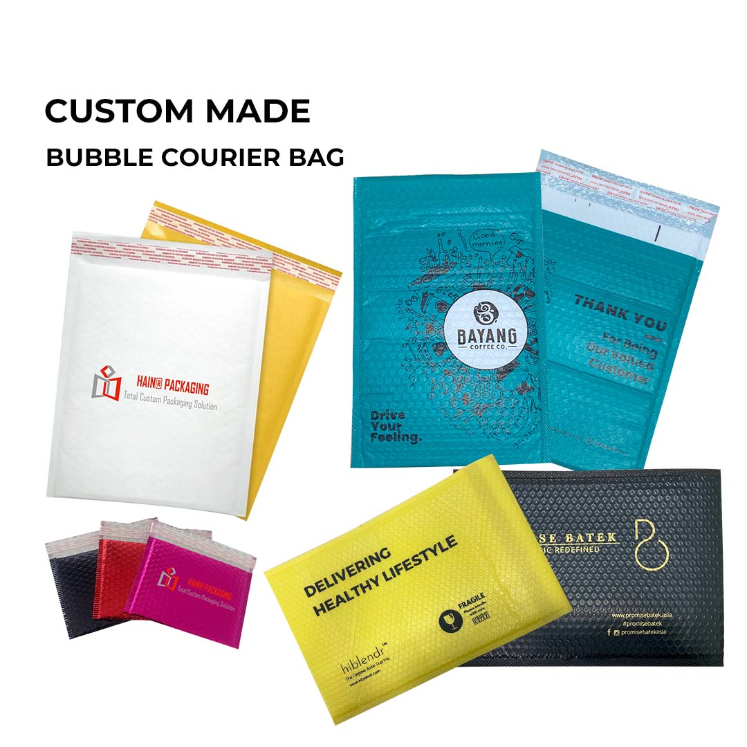 A collection of various bubble courier bags in different colors and designs, including white, yellow, teal, and black.