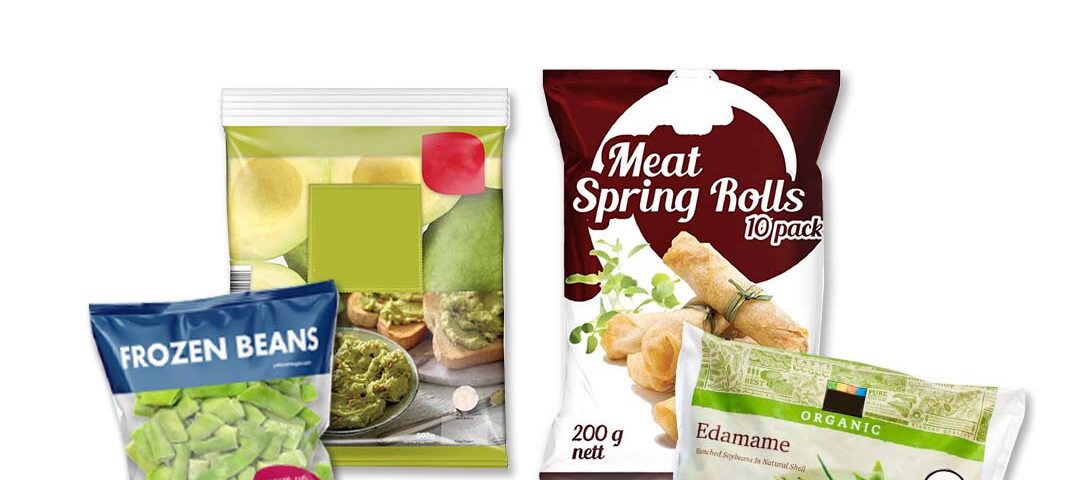 Four different food product bags including frozen beans, meat spring rolls, edamame, and a green-themed food bag.