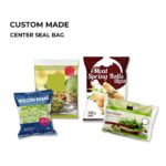 Four different food product bags including frozen beans, meat spring rolls, edamame, and a green-themed food bag.