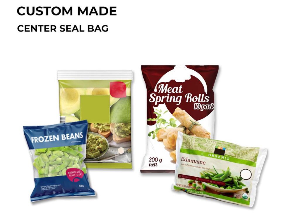 Four different food product bags including frozen beans, meat spring rolls, edamame, and a green-themed food bag.