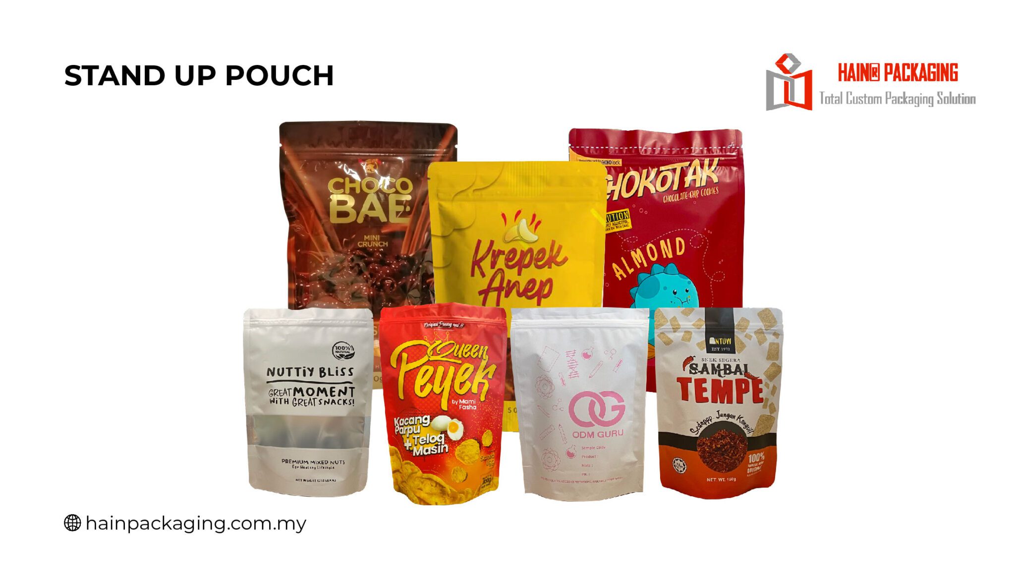 A collection of seven different stand-up pouches with various food brand labels arranged against a white background.