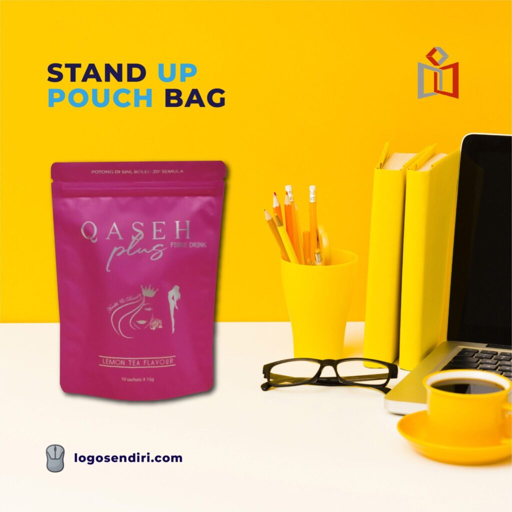 A pink stand-up pouch bag displayed on a desk next to office supplies against a yellow background.