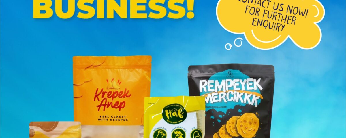 A promotional graphic featuring various food and product packaging pouches against a blue sky background.