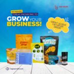 A promotional graphic featuring various food and product packaging pouches against a blue sky background.