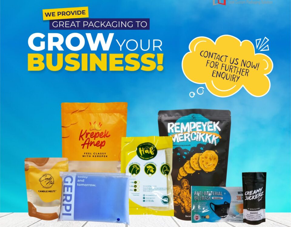 A promotional graphic featuring various food and product packaging pouches against a blue sky background.