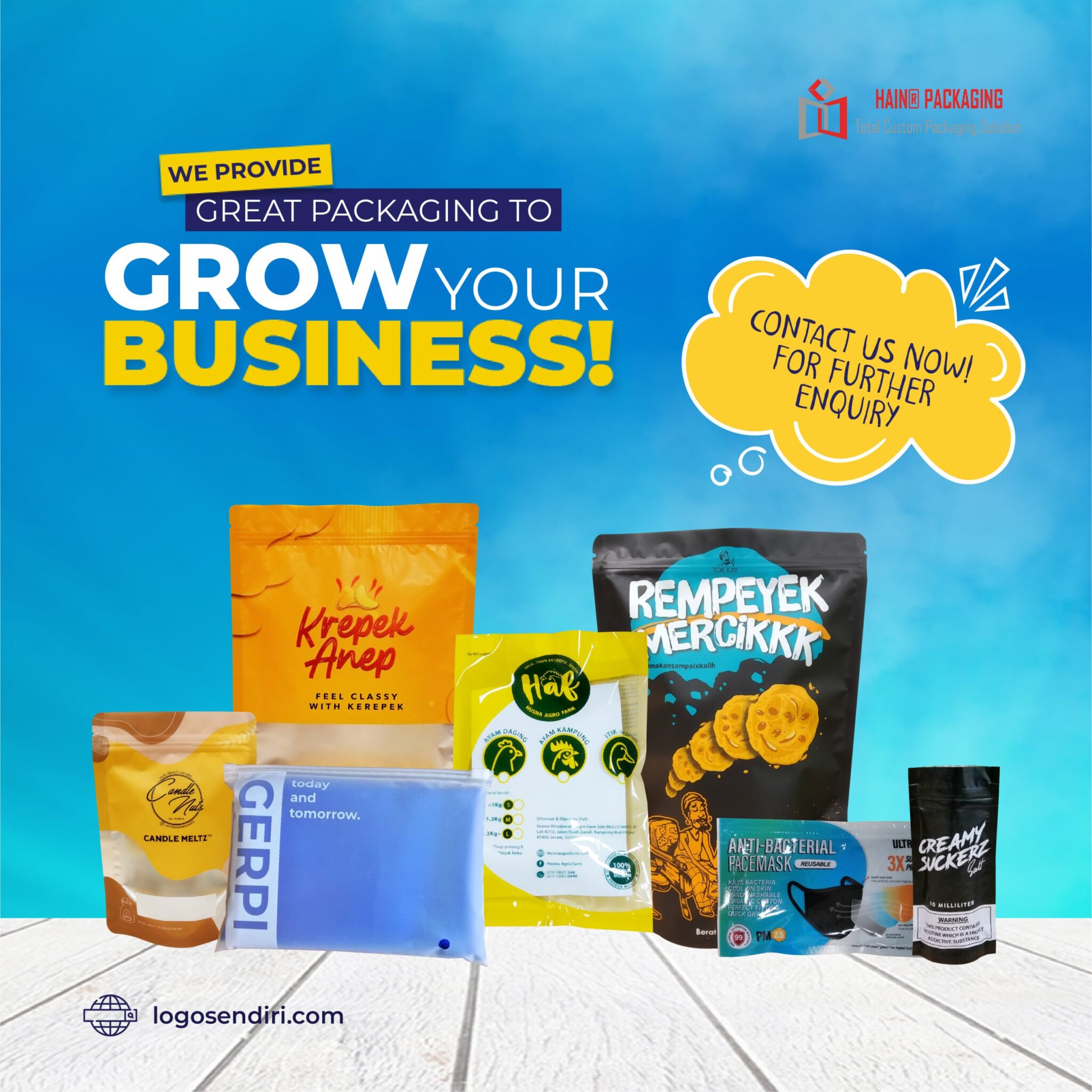 A promotional graphic featuring various food and product packaging pouches against a blue sky background.