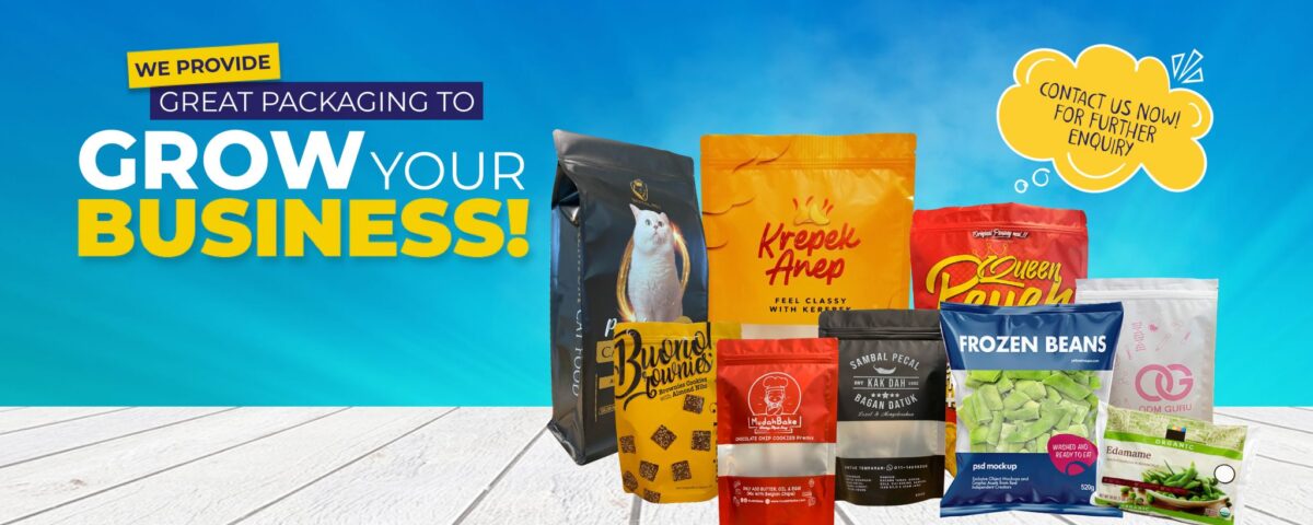 A collection of various food and pet product pouches arranged on a white wooden surface against a blue background.