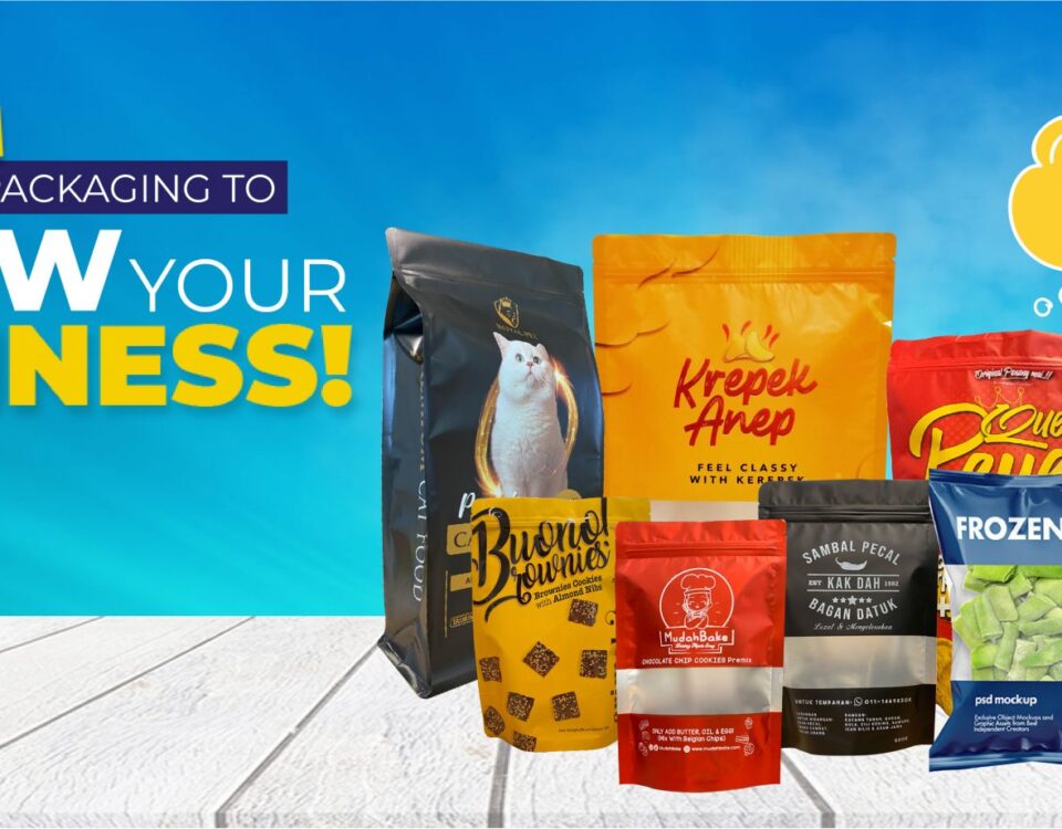 A collection of various food and pet product pouches arranged on a white wooden surface against a blue background.