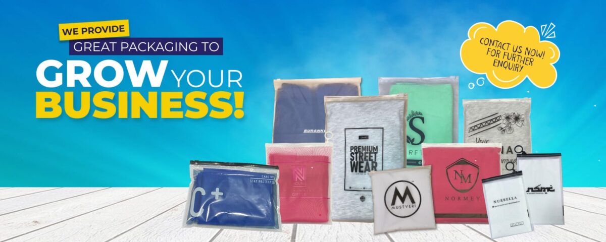 A collection of various branded plastic and paper mailing bags arranged on a white wooden surface against a blue background with promotional text.
