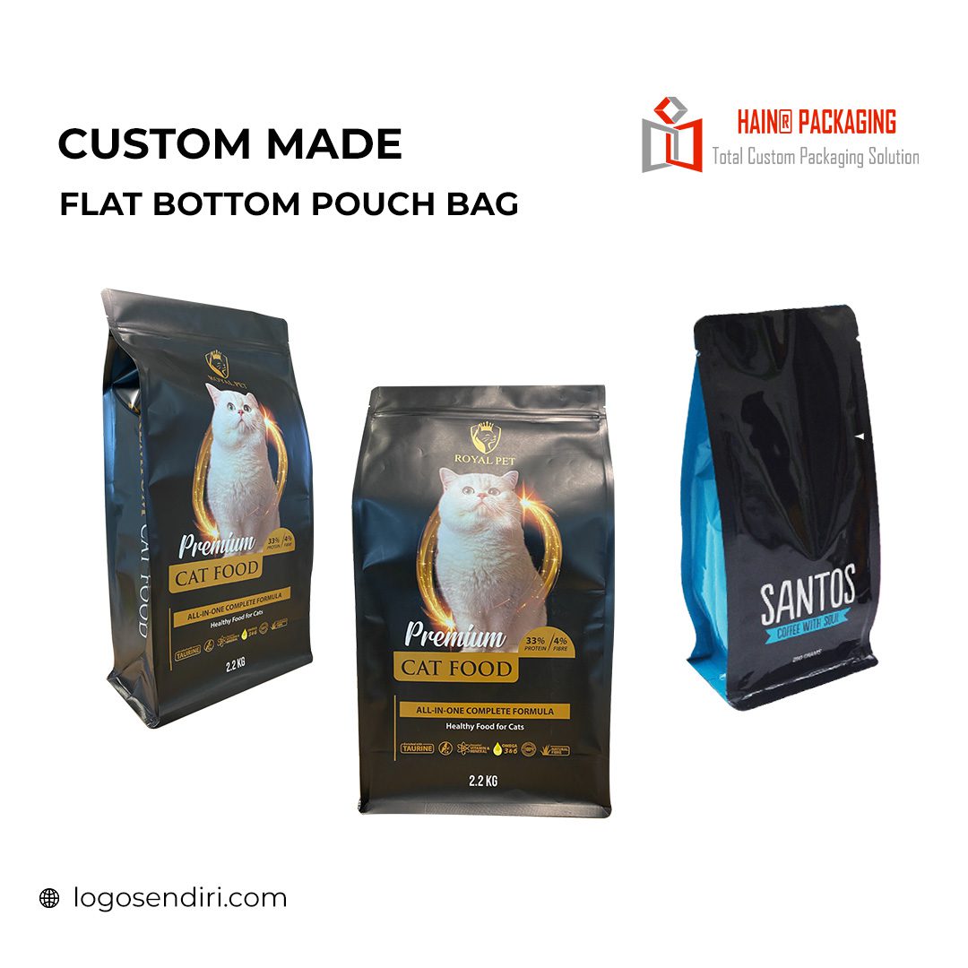 Three flat bottom pouch bags displayed against a white background, two featuring cat food branding and one with Santos branding.