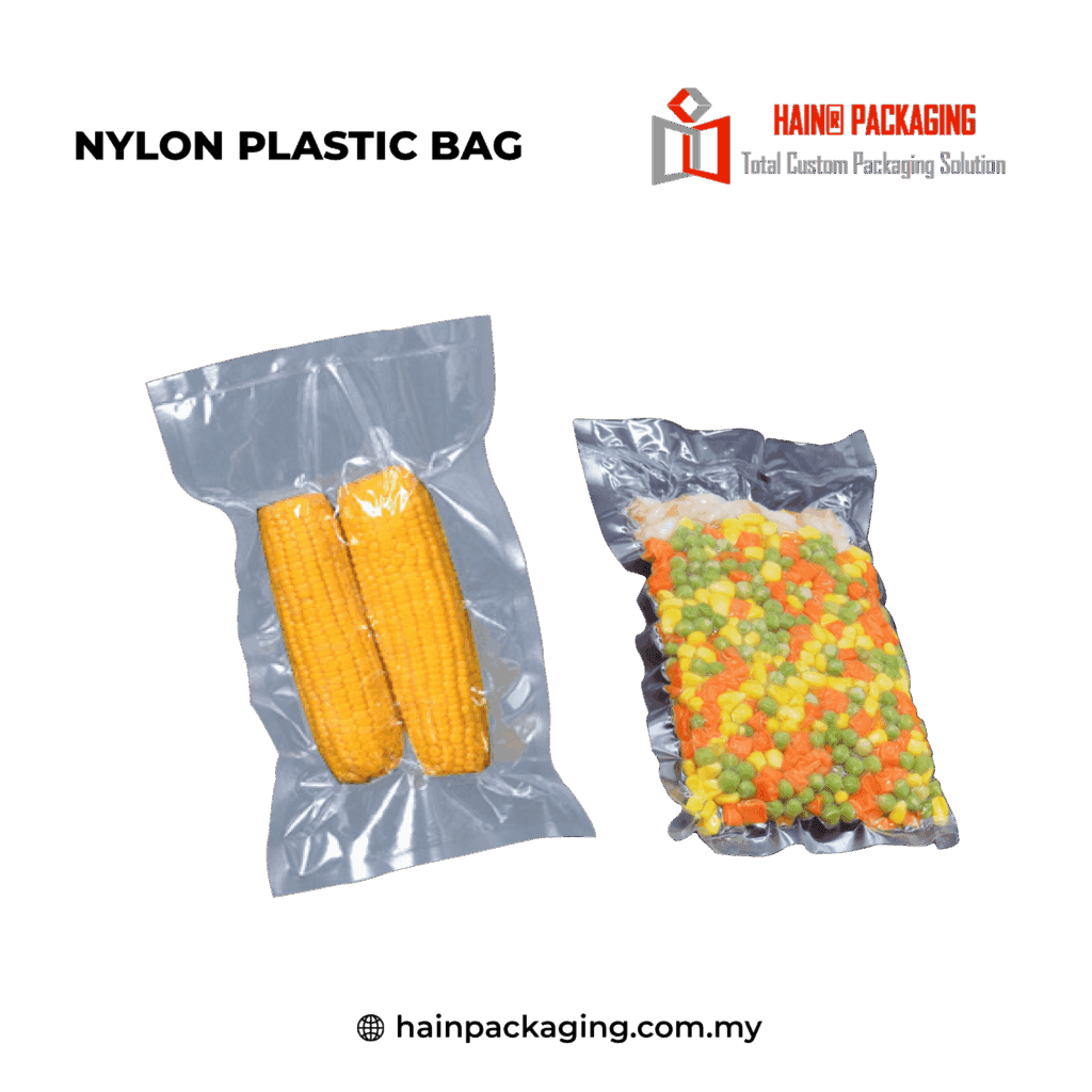 Two vacuum-sealed plastic bags containing food items against a black background.