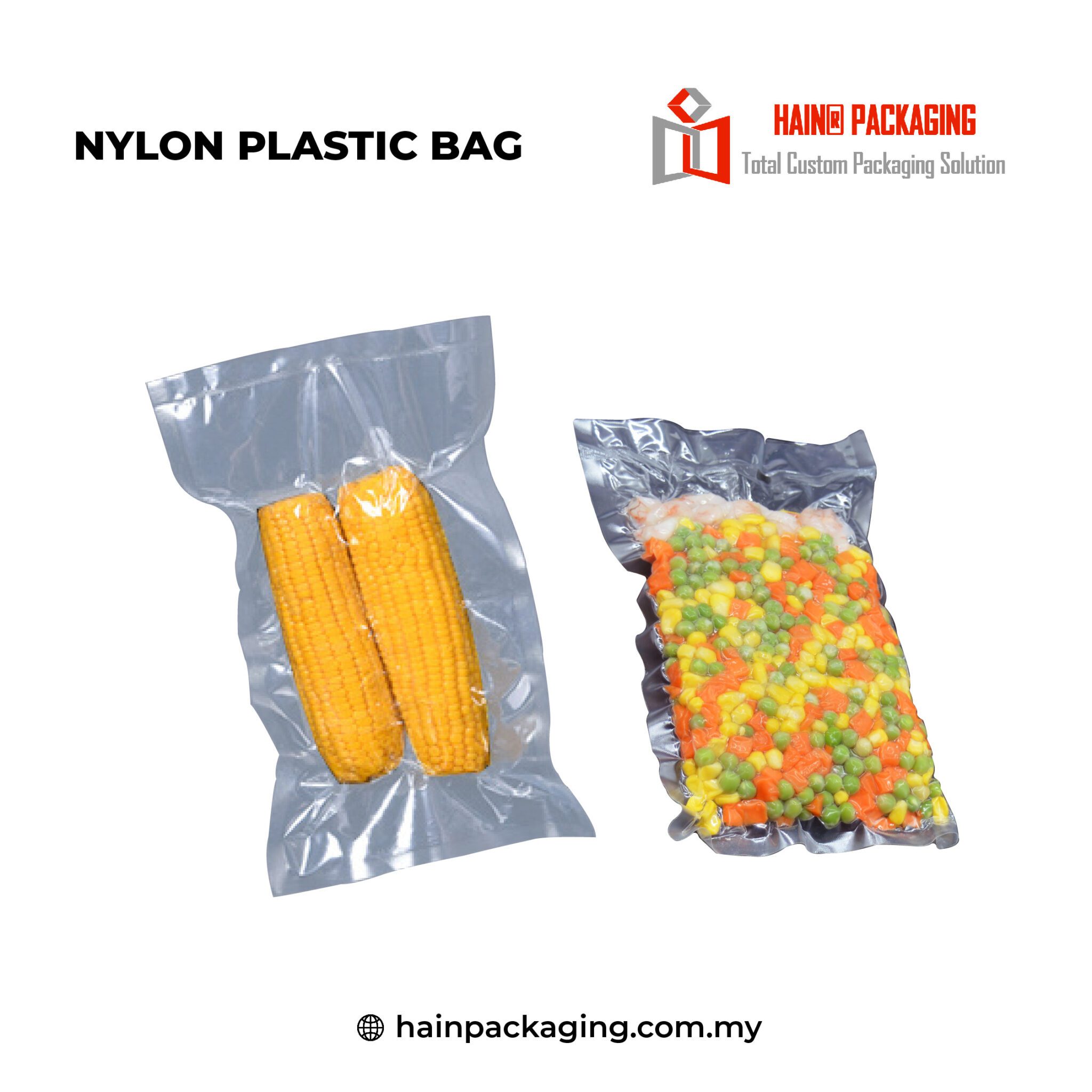 Two clear vacuum-sealed plastic bags, one containing two ears of corn and the other containing a mix of frozen vegetables.