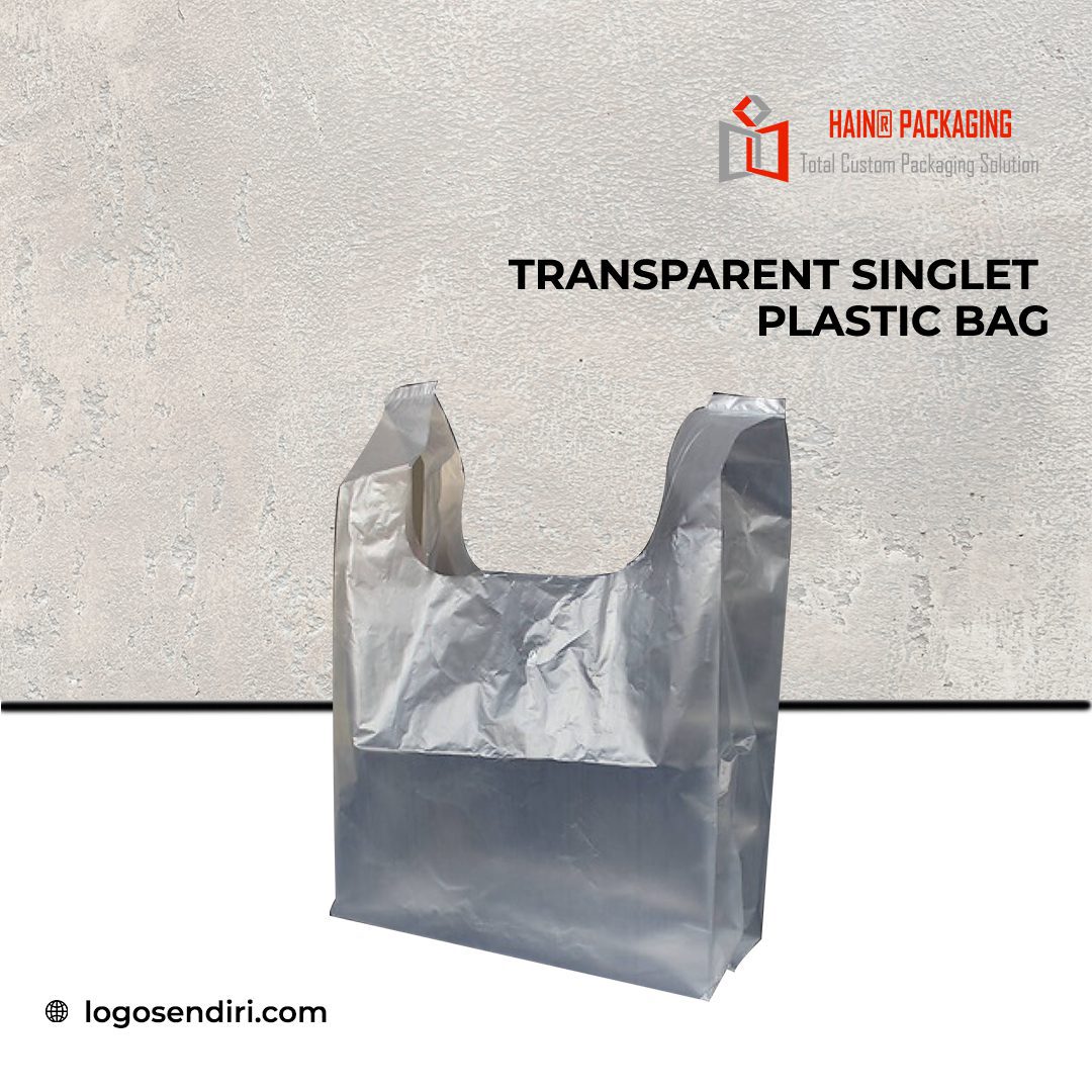 A transparent plastic singlet-style shopping bag against a light grey textured background.