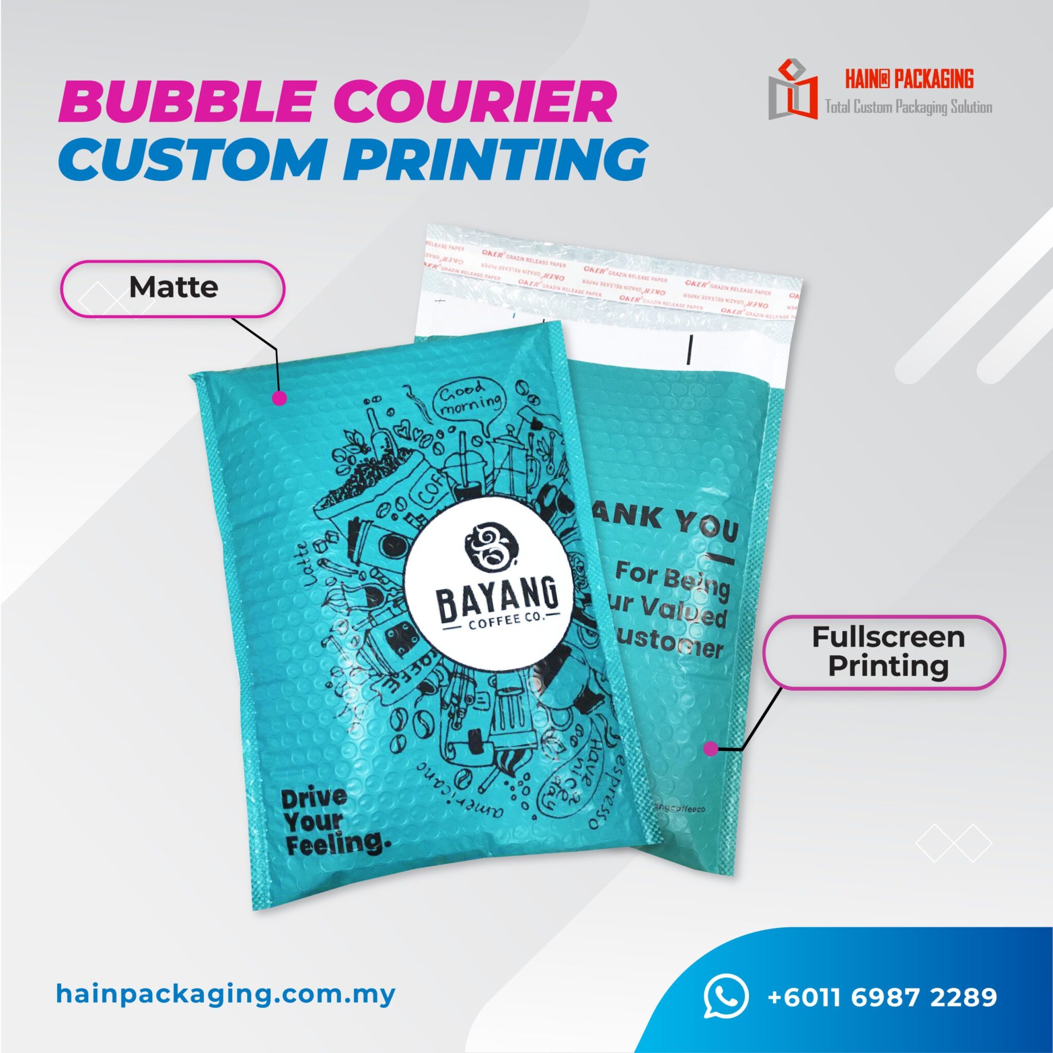 Two teal bubble mailers with custom branding and text overlays.