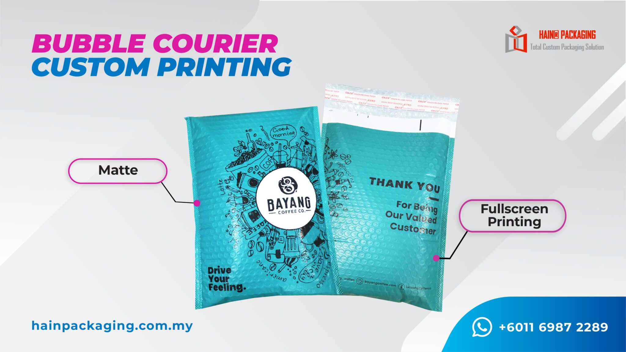 Two teal bubble courier bags with custom printing displayed against a light gray background.