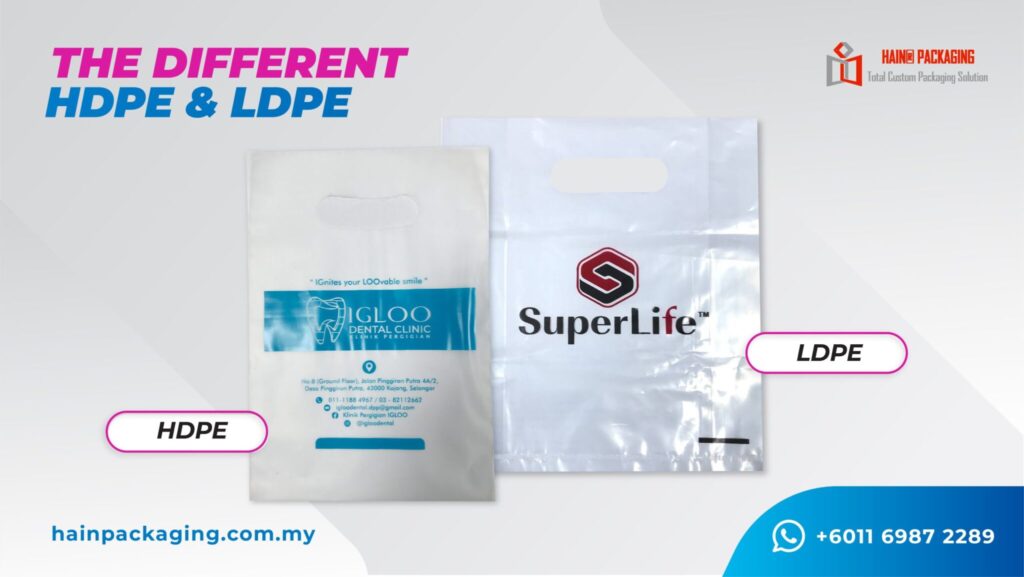 Two plastic bags displayed side-by-side, one labeled HDPE and the other LDPE, with branding and contact information.