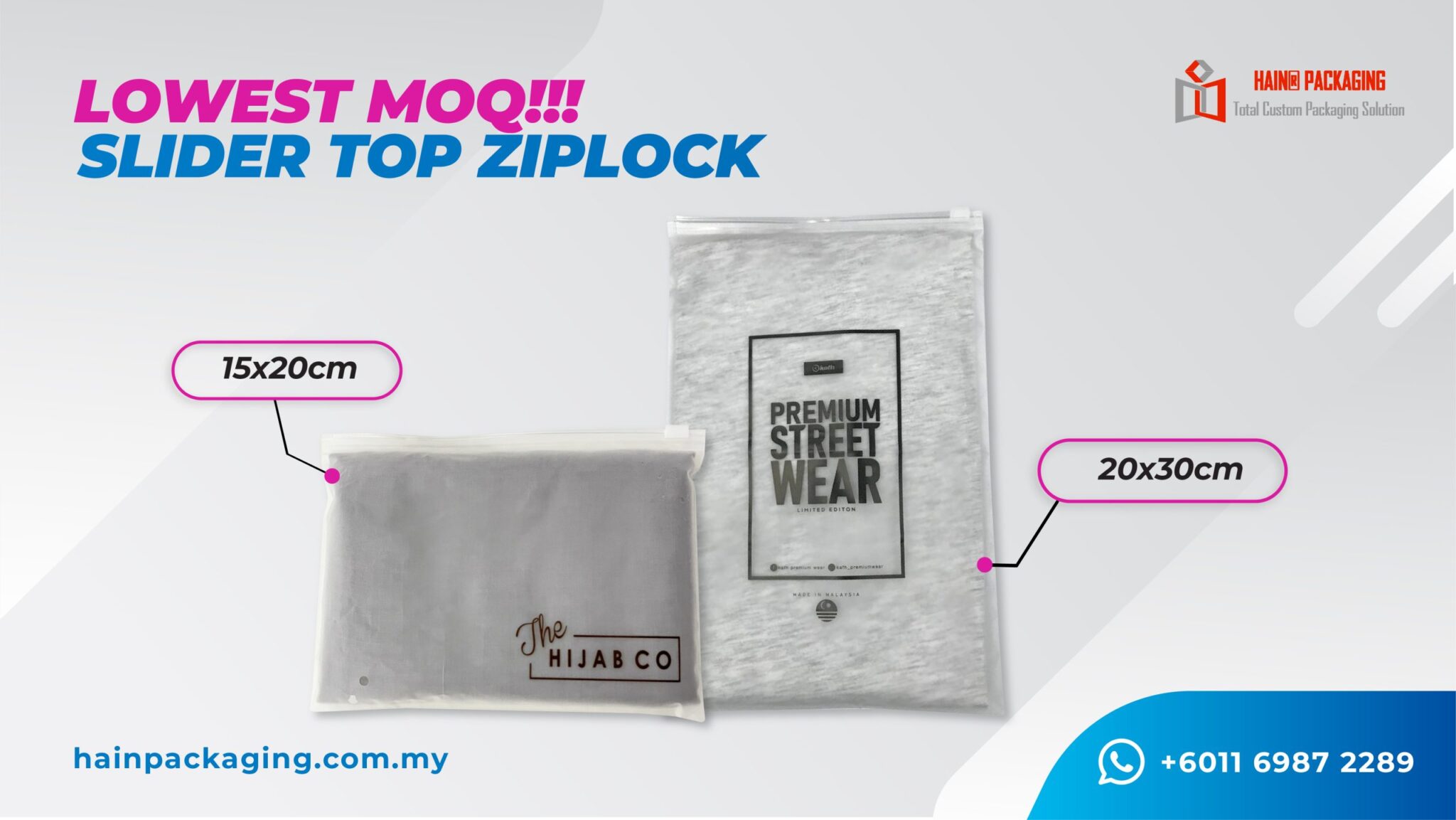 Two plastic slider top ziplock bags of different sizes, one labeled 15x20cm and the other 20x30cm.