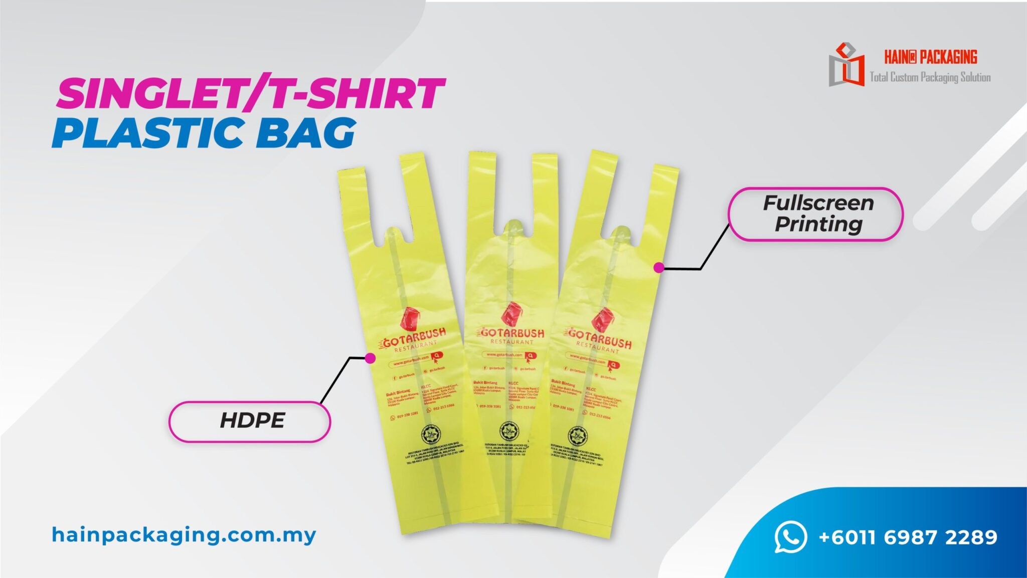 Three yellow singlet-style plastic bags displayed against a light background with text labels.