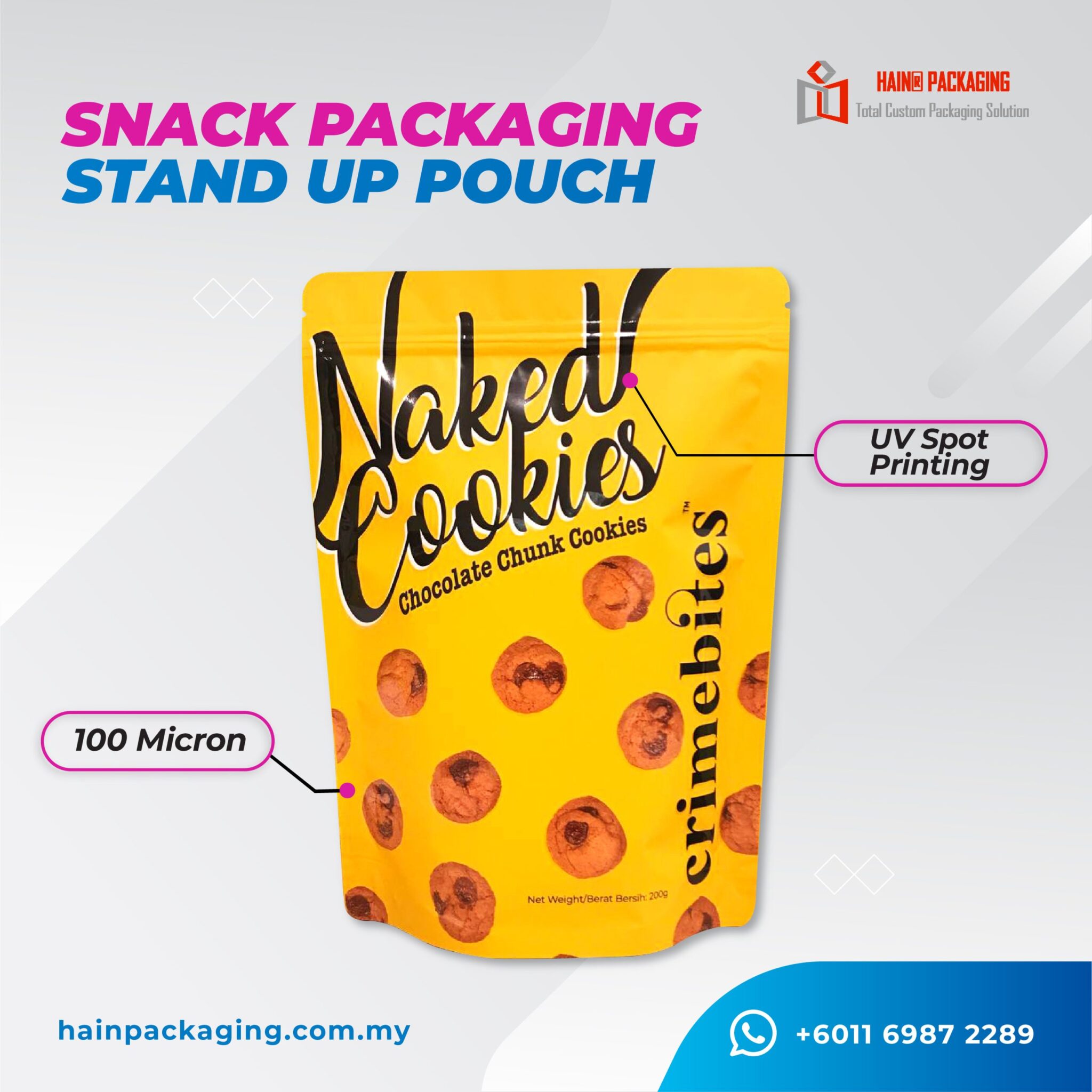 A yellow stand-up pouch for Naked Cookies with chocolate chip cookie graphics, featuring annotations for UV spot printing and 100 micron thickness.