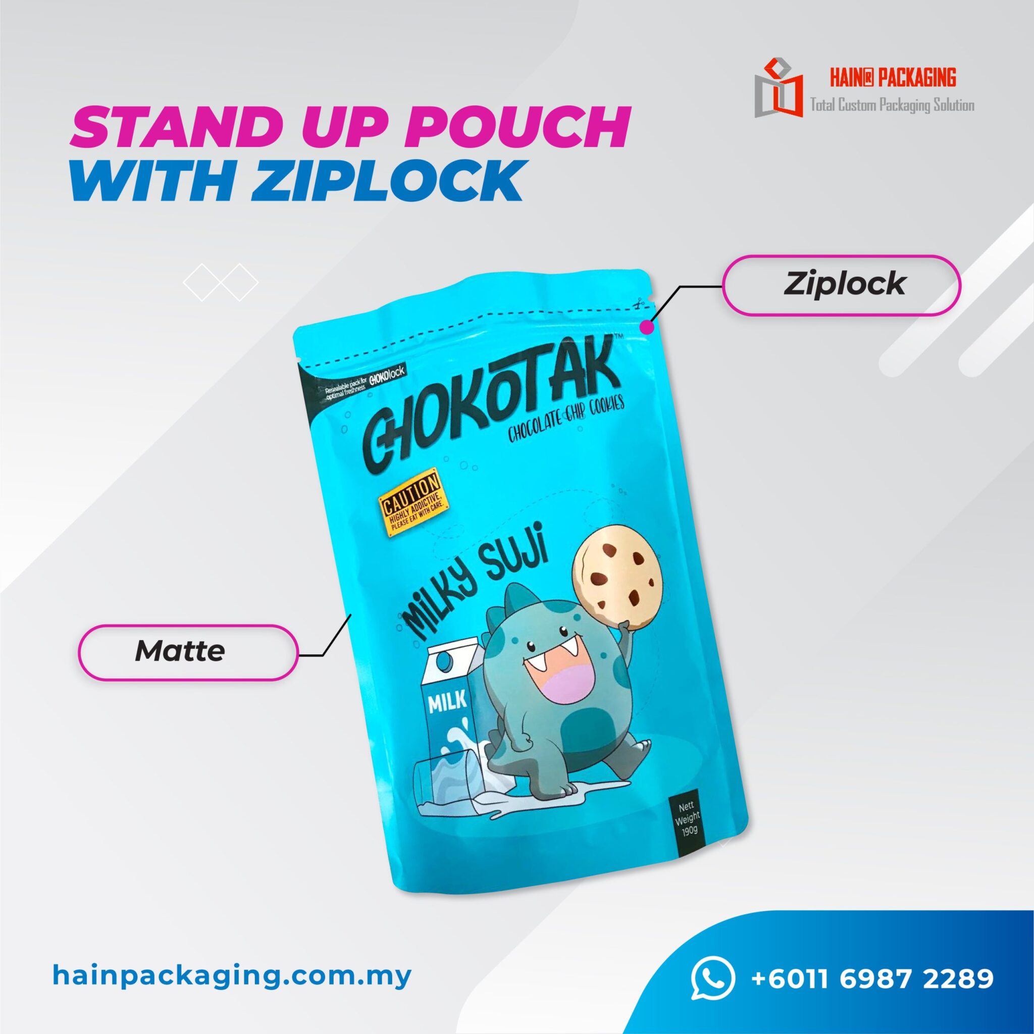A blue stand-up pouch for Chokotak cookies featuring a cartoon monster, with labels pointing to the ziplock and matte finish.