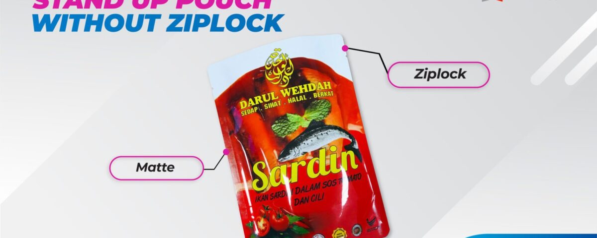 A stand-up pouch for sardines with text labels pointing to its features.