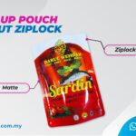 A stand-up pouch for sardines with text labels pointing to its features.