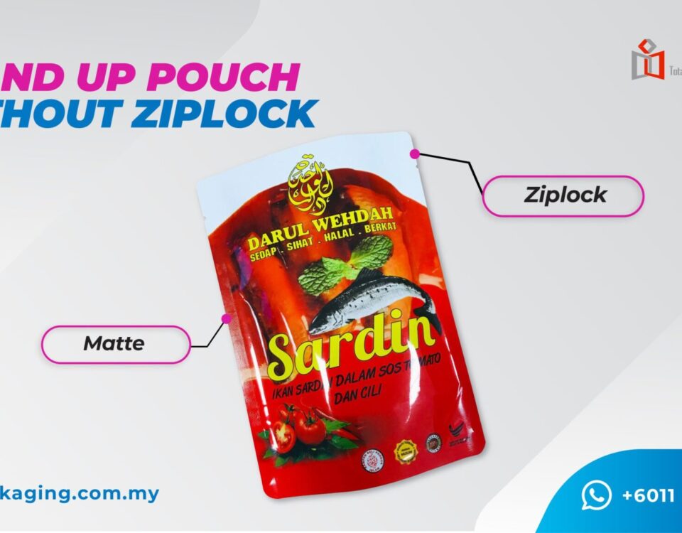 A stand-up pouch for sardines with text labels pointing to its features.