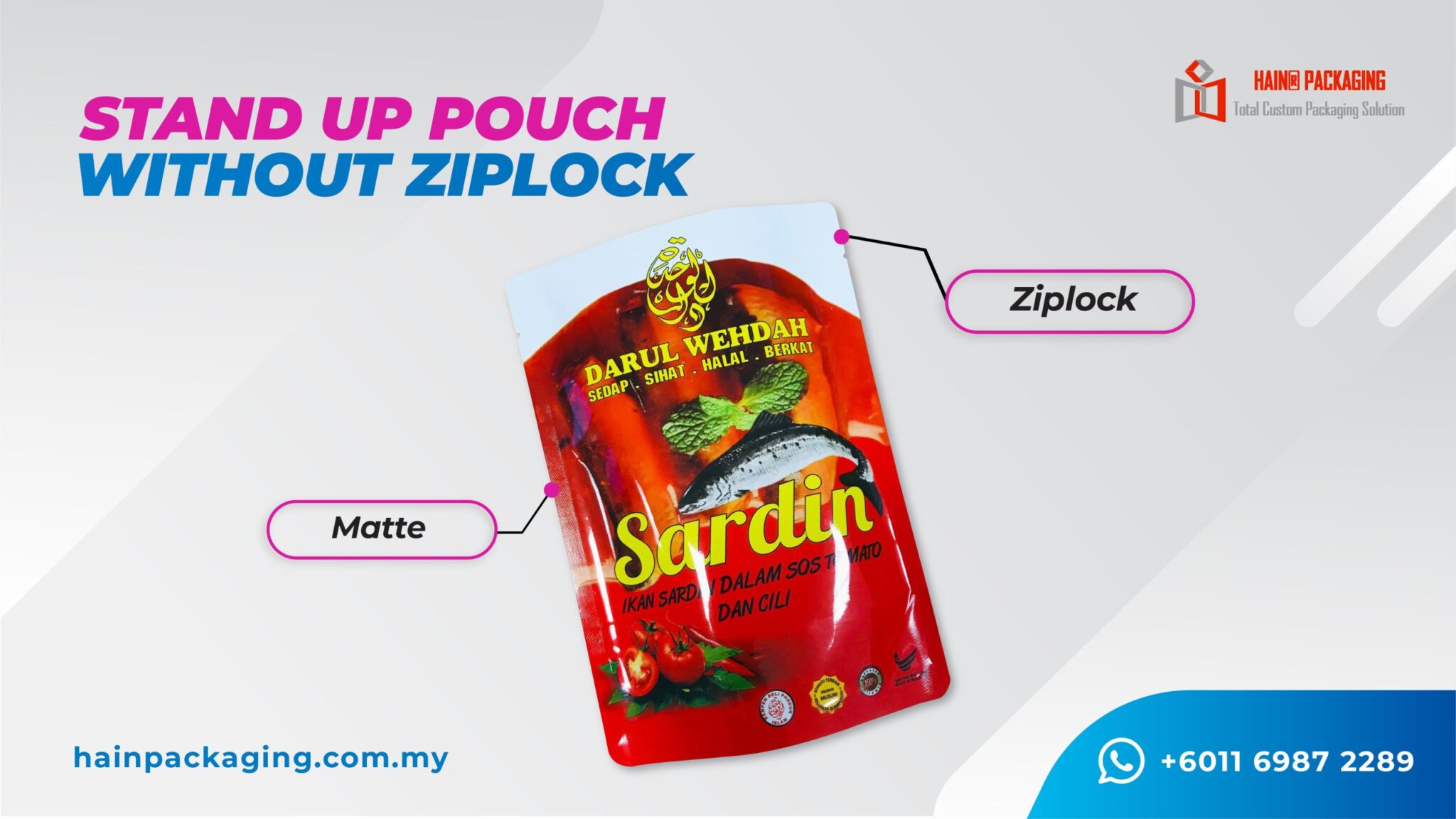 A stand-up pouch for sardines with text labels pointing to its features.